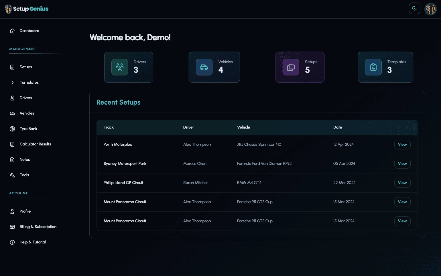 The Setup Genius dashboard showing recent setups, drivers and vehicles
